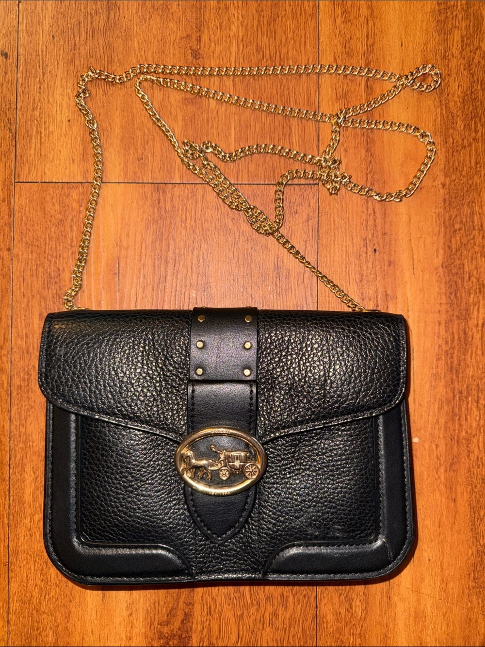 Coach GEORGIE Crossbody With Rivets Chain Strap Black Refined Pebble Leather